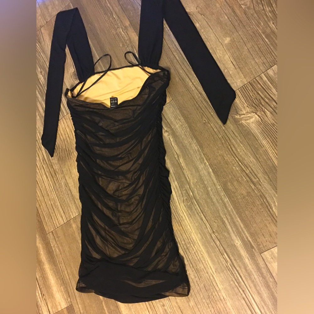 Ruched Mesh Overlay Black Bodycon Dress